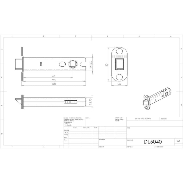 This image is a line drwaing of a Carlisle Brass - Tubular Latch Heavy Sprung 102mm - Stainless Steel available to order from Trade Door Handles in Kendal