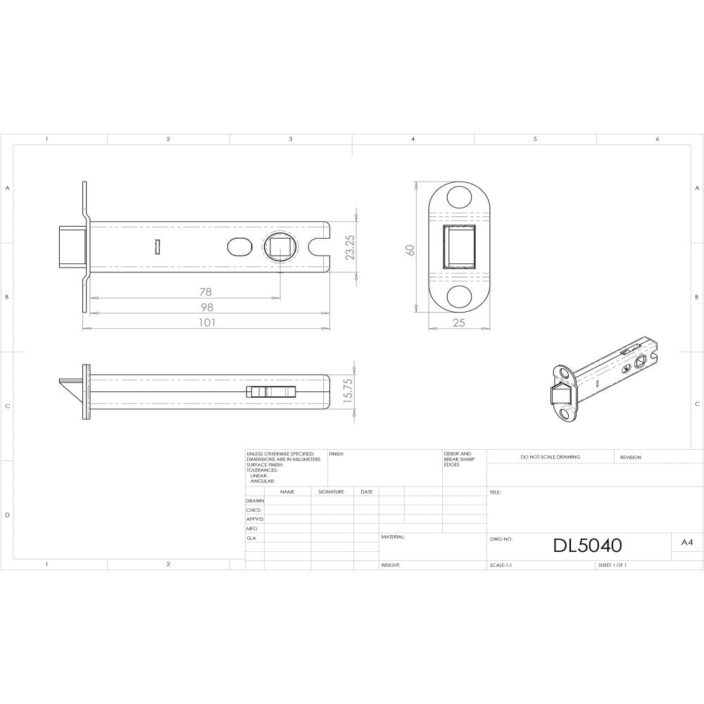 This image is a line drwaing of a Carlisle Brass - Tubular Latch Heavy Sprung 102mm - Florentine Bronze available to order from Trade Door Handles in Kendal