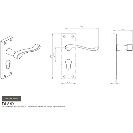 This image is a line drwaing of a Carlisle Brass - Victorian Scroll Lever on Euro Lock Backplate - Polished Brass available to order from Trade Door Handles in Kendal