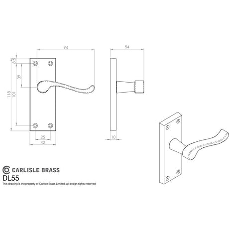 This image is a line drwaing of a Carlisle Brass - Victorian Scroll Lever on Short Latch Backplate - Satin Chrome available to order from Trade Door Handles in Kendal