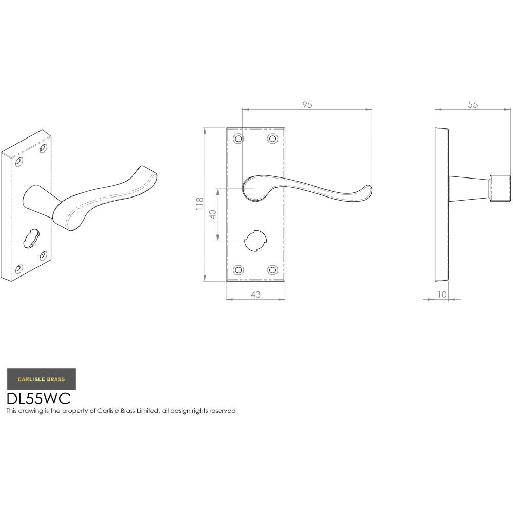 This image is a line drwaing of a Carlisle Brass - Victorian Scroll Lever on Short Privacy Backplate - Satin Chrom available to order from Trade Door Handles in Kendal