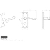 This image is a line drwaing of a Carlisle Brass - Victorian Scroll Lever on Short Privacy Backplate - Polished Br available to order from Trade Door Handles in Kendal