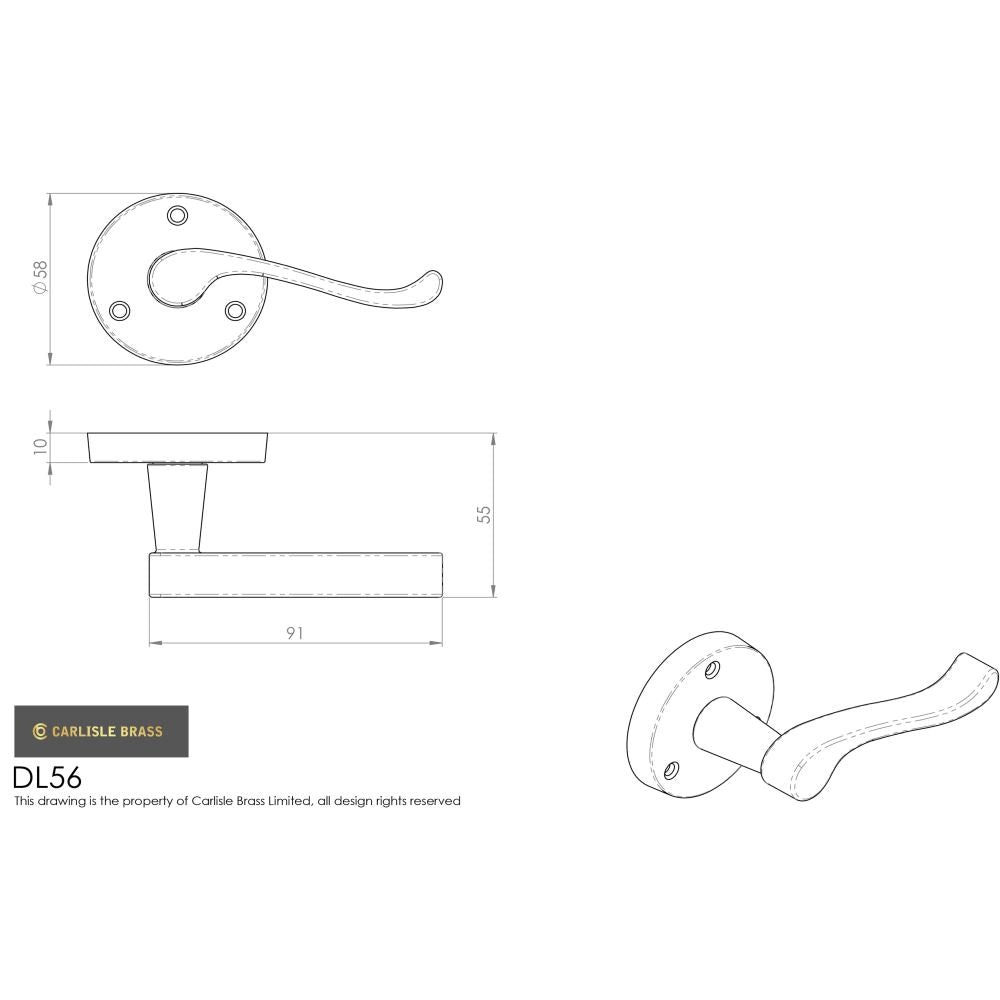 This image is a line drwaing of a Carlisle Brass - Victorian Scroll Lever on Round Rose - Satin Chrome available to order from Trade Door Handles in Kendal