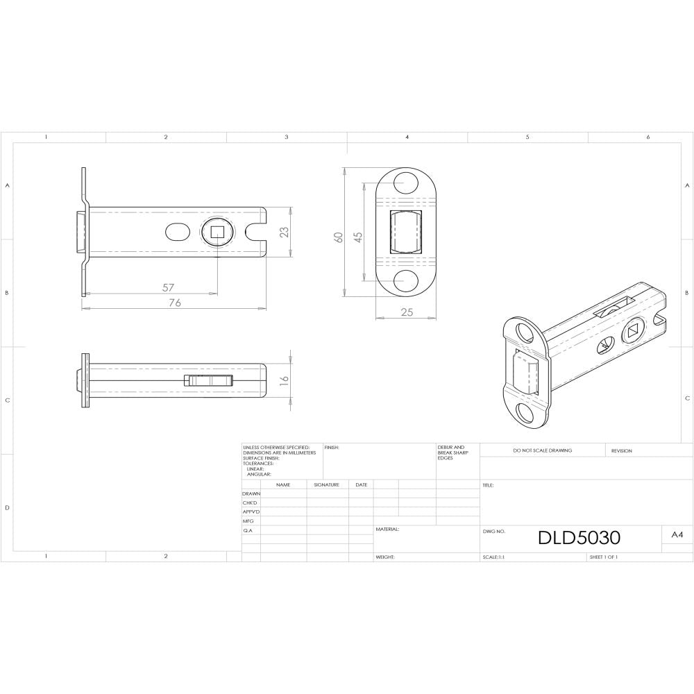 This image is a line drwaing of a Carlisle Brass - Dead Bolt 76mm - Stainless Steel available to order from Trade Door Handles in Kendal