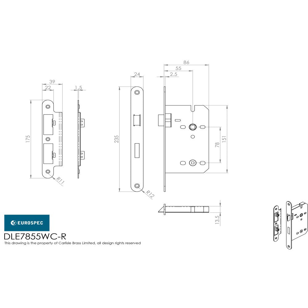 This image is a line drwaing of a Eurospec - DIN Bathroom Lock Radius - Satin Stainless Steel available to order from Trade Door Handles in Kendal