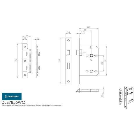 This image is a line drwaing of a Eurospec - DIN Bathroom Lock - Satin Stainless Steel available to order from Trade Door Handles in Kendal