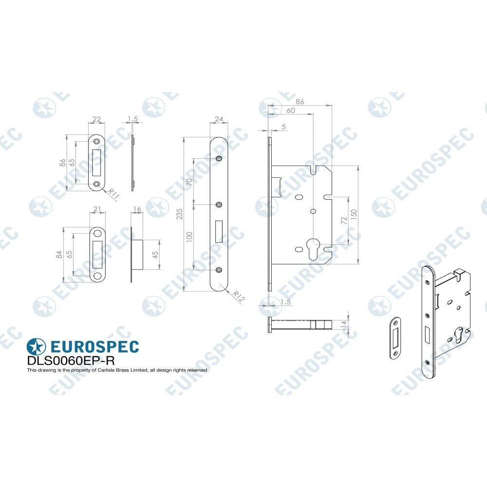 This image is a line drwaing of a Eurospec - Easi T Din Euro Profile Deadlock Radius - Satin Stainless Steel available to order from Trade Door Handles in Kendal