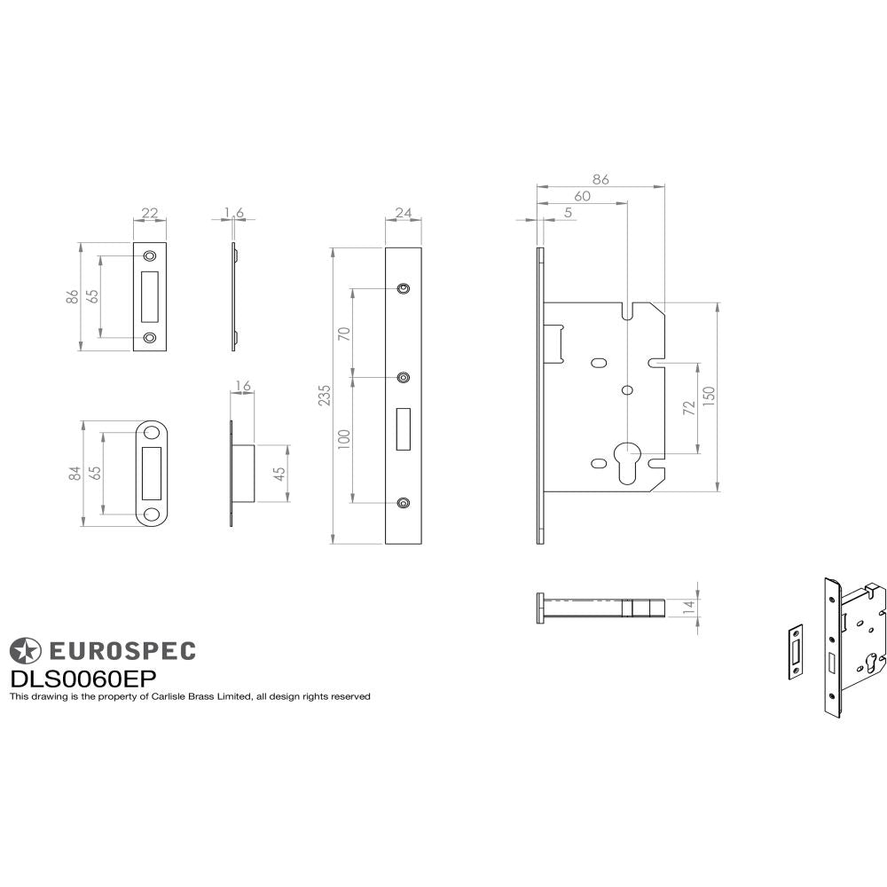 This image is a line drwaing of a Eurospec - Easi T Din Euro Profile Deadlock - Satin Stainless Steel available to order from Trade Door Handles in Kendal