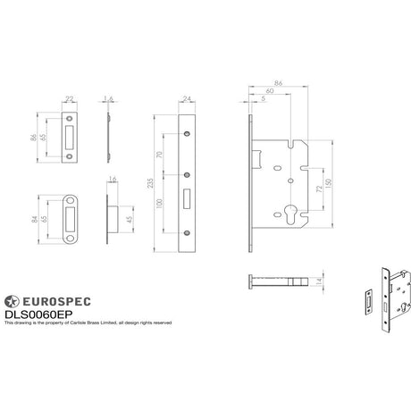 This image is a line drwaing of a Eurospec - Easi T Din Euro Profile Deadlock - Satin Stainless Steel available to order from Trade Door Handles in Kendal