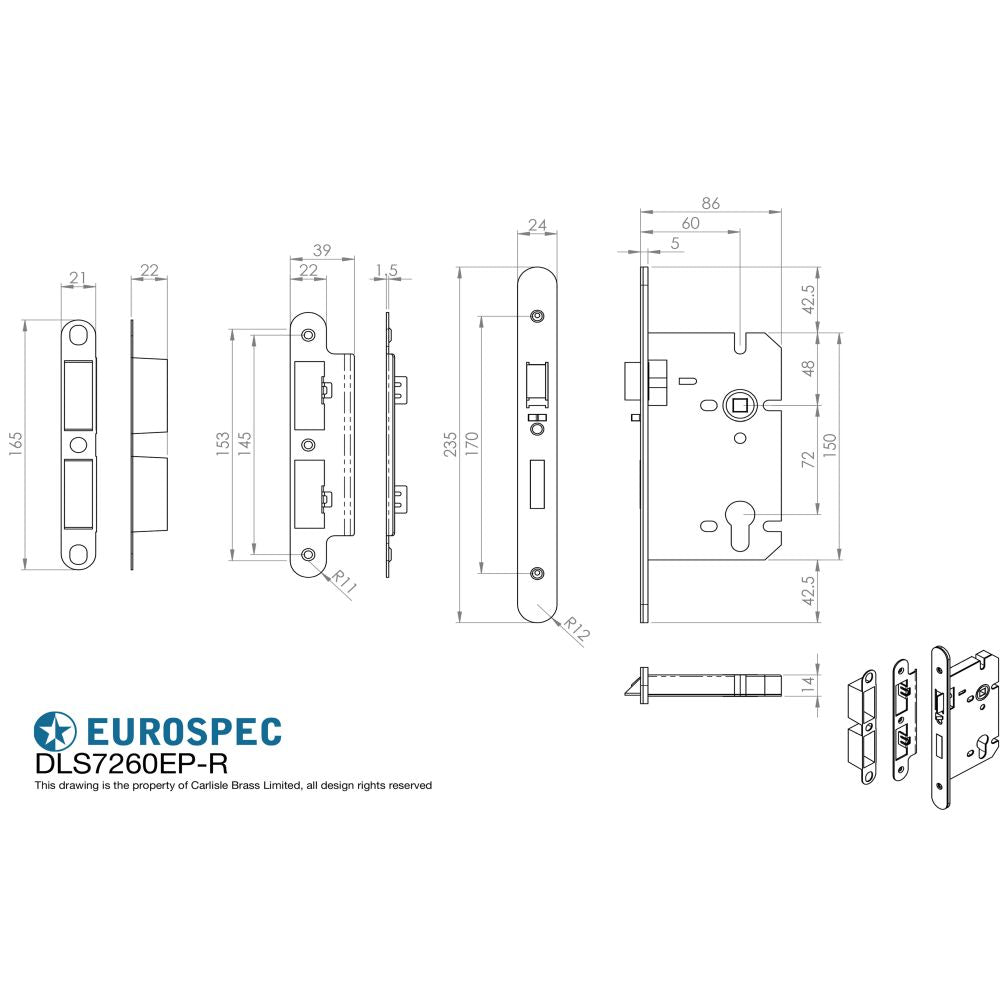 This image is a line drwaing of a Eurospec - Easi-T Din Euro Profile Sashlock - Satin Stainless Steel available to order from Trade Door Handles in Kendal