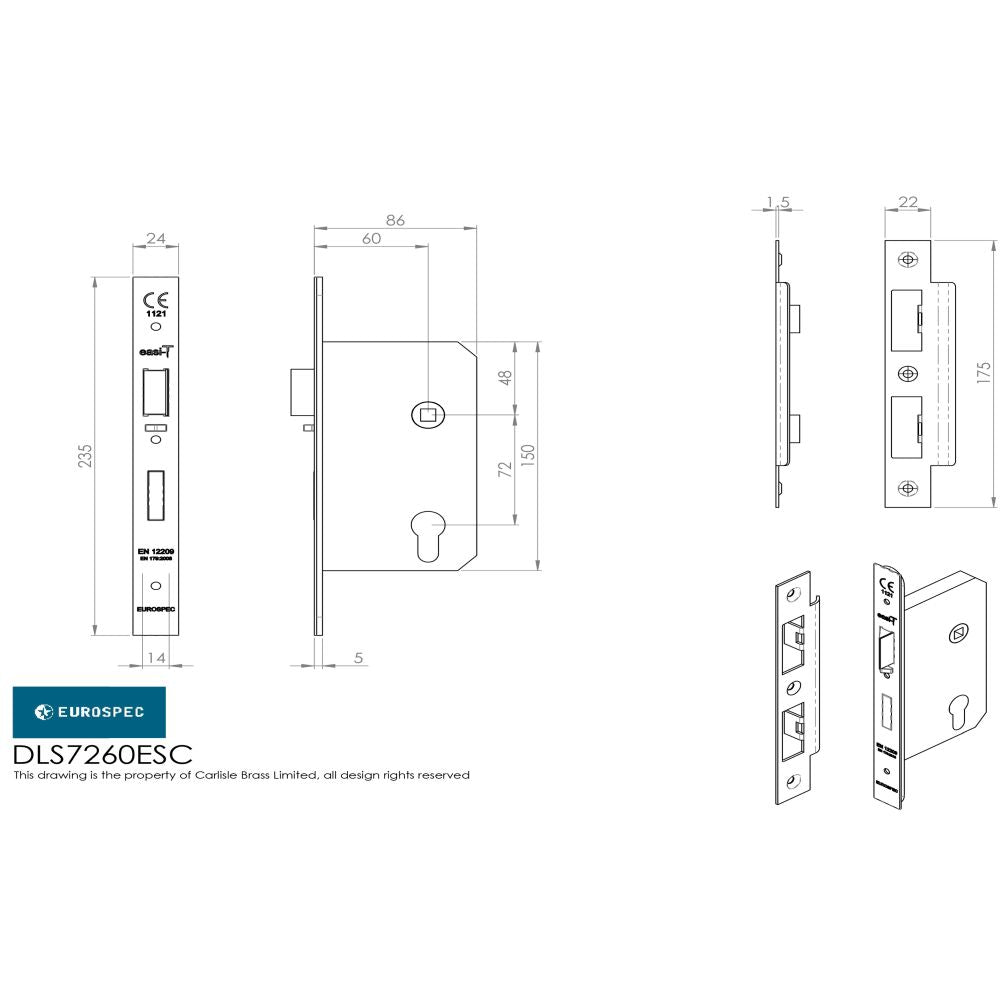 This image is a line drwaing of a Eurospec - Easi-T Din Euro Profile Escape Lock - Satin Stainless Steel available to order from Trade Door Handles in Kendal