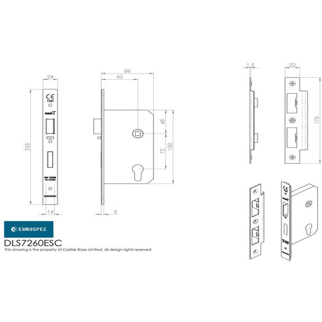 This image is a line drwaing of a Eurospec - Easi-T Din Euro Profile Escape Lock - Satin Stainless Steel available to order from Trade Door Handles in Kendal