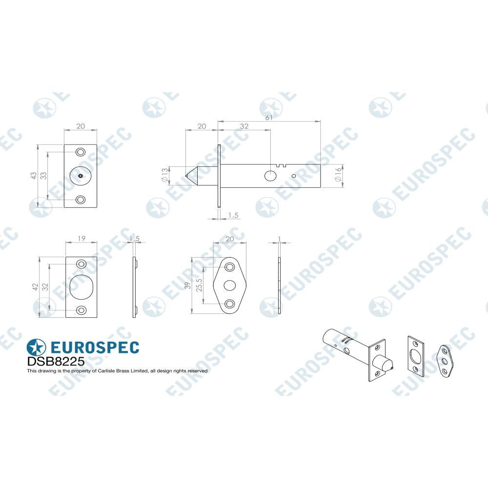 This image is a line drwaing of a Eurospec - Security Door Bolt - Electro Brassed available to order from Trade Door Handles in Kendal