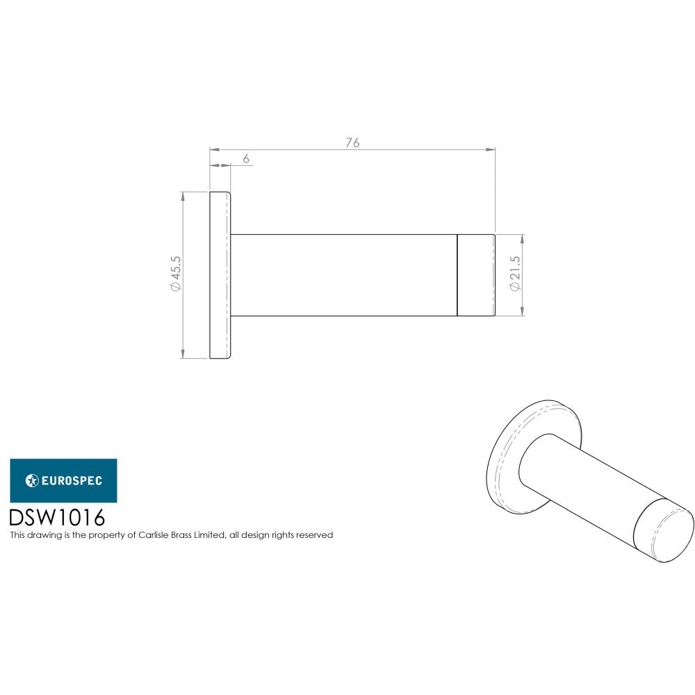 This image is a line drwaing of a Eurospec - Steelworx Wall Mounted Door Stop 76mm - Satin Stainless Steel available to order from Trade Door Handles in Kendal