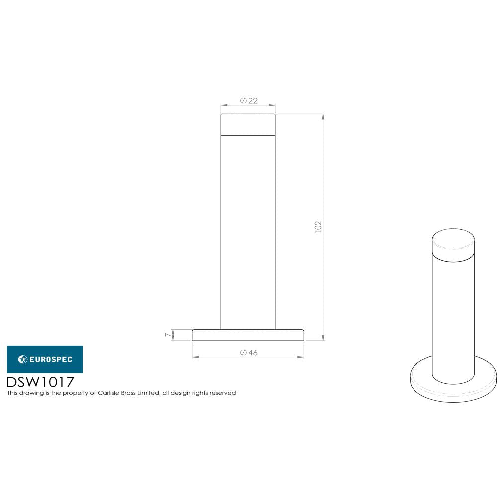 This image is a line drwaing of a Eurospec - Steelworx Wall Mounted Door Stop 102mm - Satin Stainless Steel available to order from Trade Door Handles in Kendal