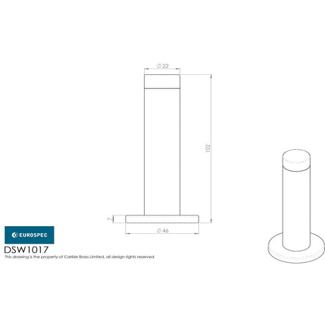 This image is a line drwaing of a Eurospec - Steelworx Wall Mounted Door Stop 102mm - Satin Stainless Steel available to order from Trade Door Handles in Kendal