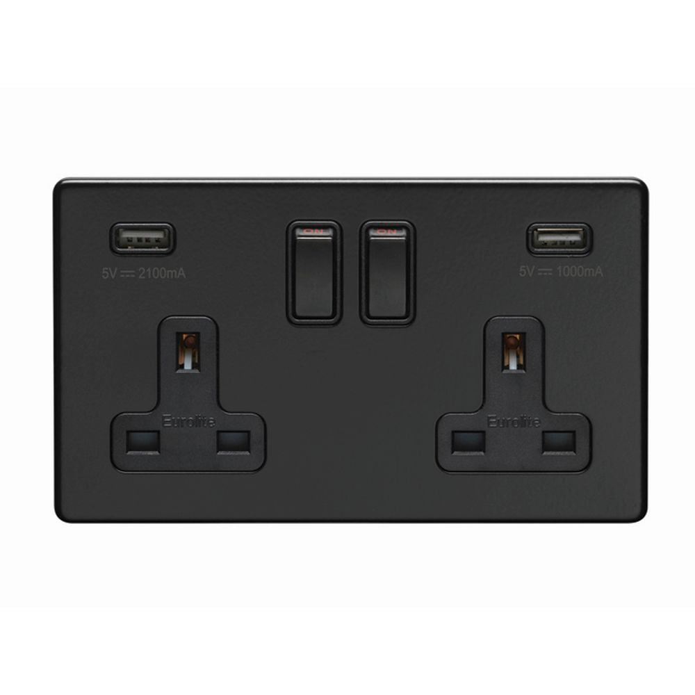 This is an image showing Eurolite Concealed 3mm 2 Gang USB Socket - Matt Black (With Black Trim) ecmb2usbb available to order from trade door handles, quick delivery and discounted prices.