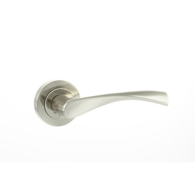 This is an image of Eco Aqua Aluminium Lever on Round Rose - Satin Nickel/Polished Nickel available to order from Trade Door Handles.