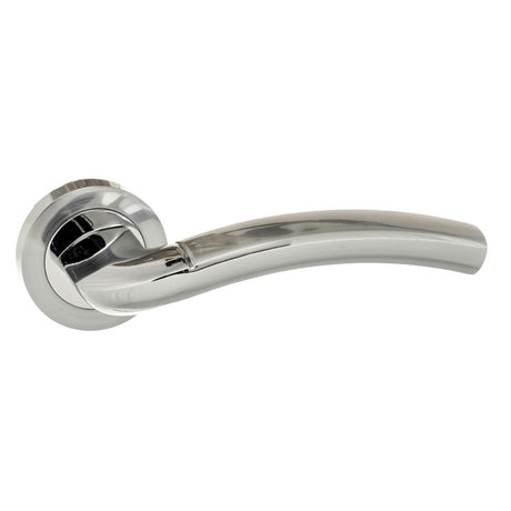 High quality image of Eco Crest Aluminium Lever on Round Rose - Satin Chrome/Polished Chrome | Sku. eco50scpc | available to order from Trade Door Handles in Kendal.