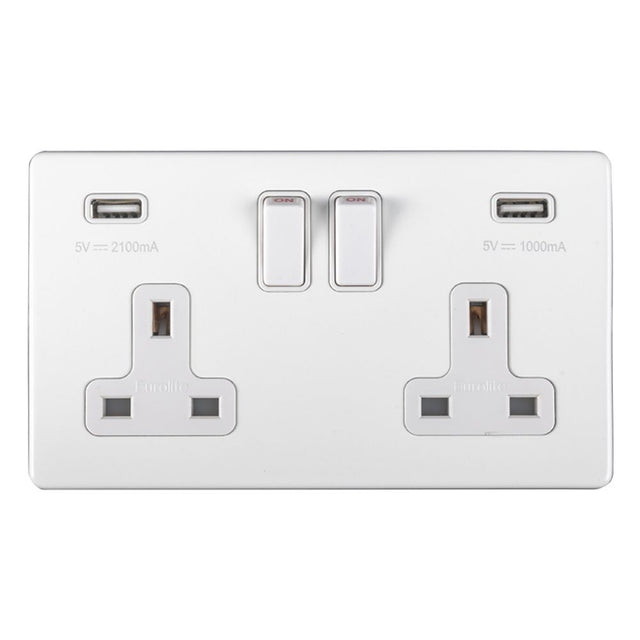 This is an image showing Eurolite Concealed 3mm 2 Gang USB Socket - White (With White Trim) ecw2usbw available to order from trade door handles, quick delivery and discounted prices.