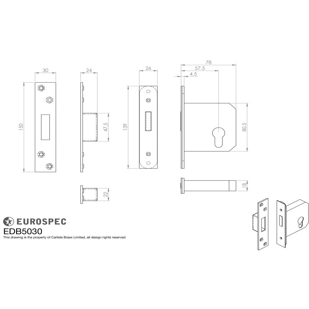 This image is a line drwaing of a Eurospec - Euro Profile BS Cylinder Deadlock 64mm - Satin Stainless Steel available to order from Trade Door Handles in Kendal