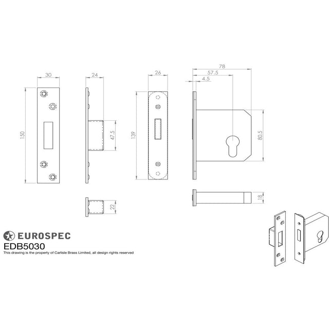 This image is a line drwaing of a Eurospec - Euro Profile BS Cylinder Deadlock 64mm - Satin Stainless Steel available to order from Trade Door Handles in Kendal