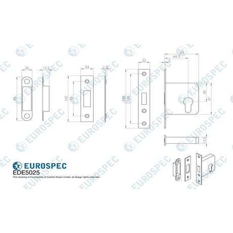 This image is a line drwaing of a Eurospec - Easi-T Economy Euro Profile Deadlock 64mm - Electro Brassed available to order from Trade Door Handles in Kendal