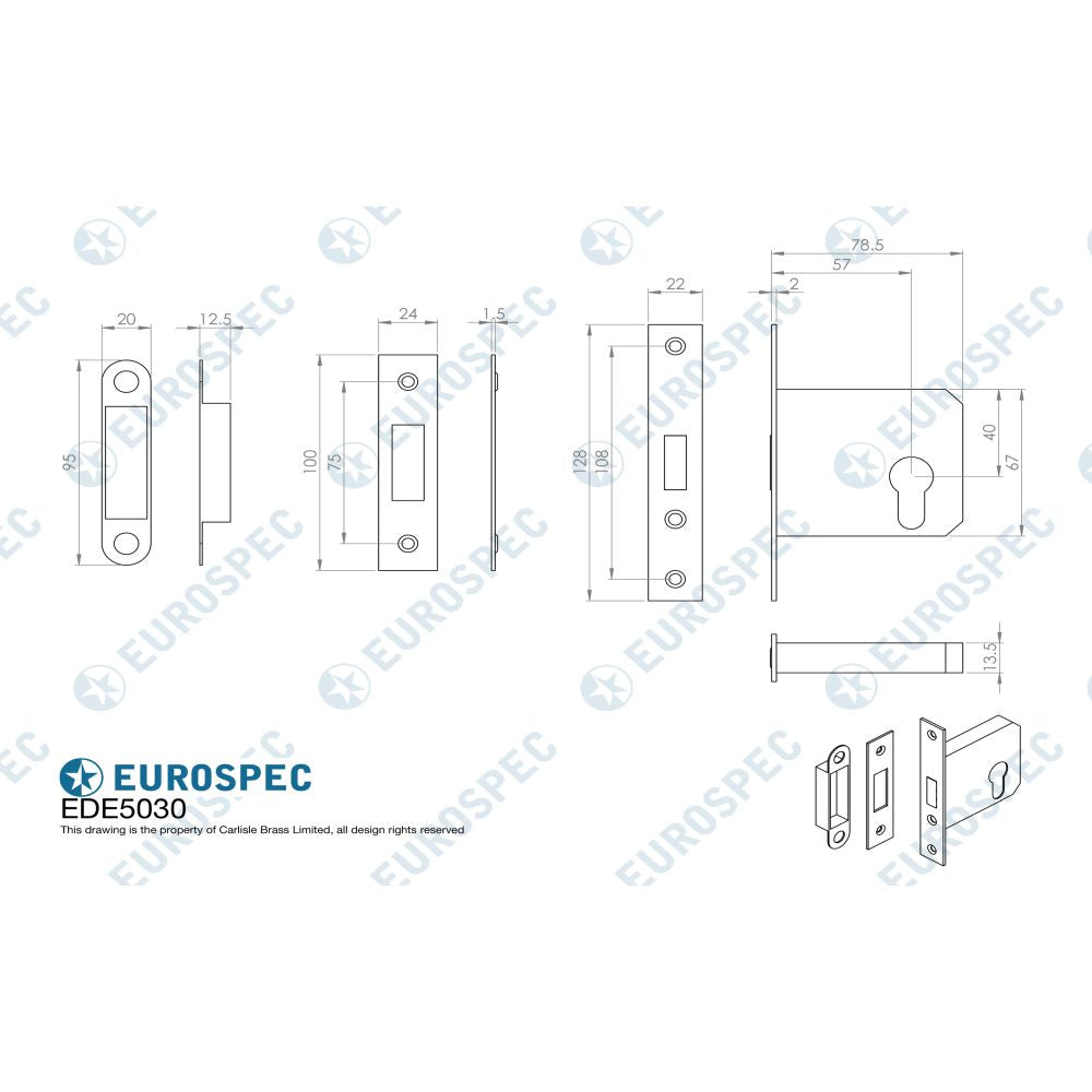 This image is a line drwaing of a Eurospec - Easi-T Economy Euro Profile Deadlock 76mm - Satin Nickel available to order from Trade Door Handles in Kendal