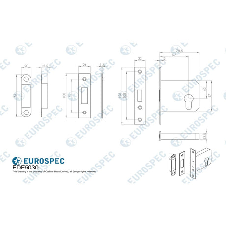 This image is a line drwaing of a Eurospec - Easi-T Economy Euro Profile Deadlock 76mm - Satin Nickel available to order from Trade Door Handles in Kendal