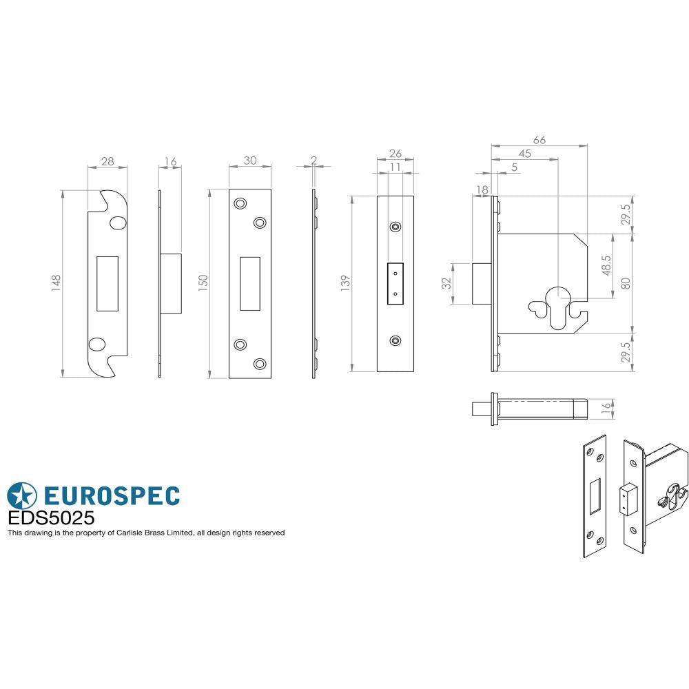 This image is a line drwaing of a Eurospec - Euro Profile Deadlock 64mm - Satin Stainless Steel available to order from Trade Door Handles in Kendal