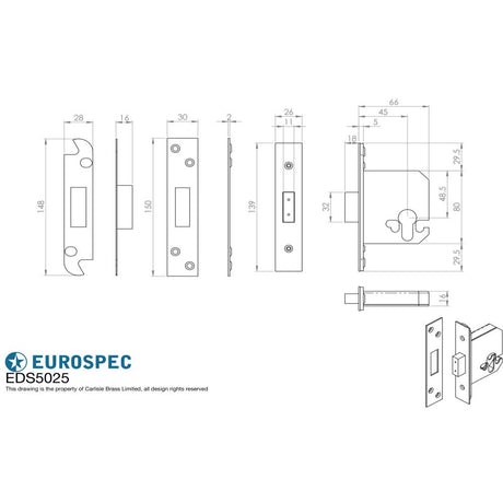 This image is a line drwaing of a Eurospec - Euro Profile Deadlock 64mm - Satin Stainless Steel available to order from Trade Door Handles in Kendal