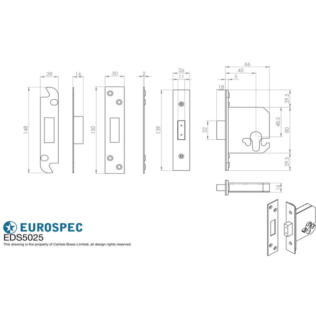 This image is a line drwaing of a Eurospec - Euro Profile Deadlock 64mm - Stainless Brass available to order from Trade Door Handles in Kendal