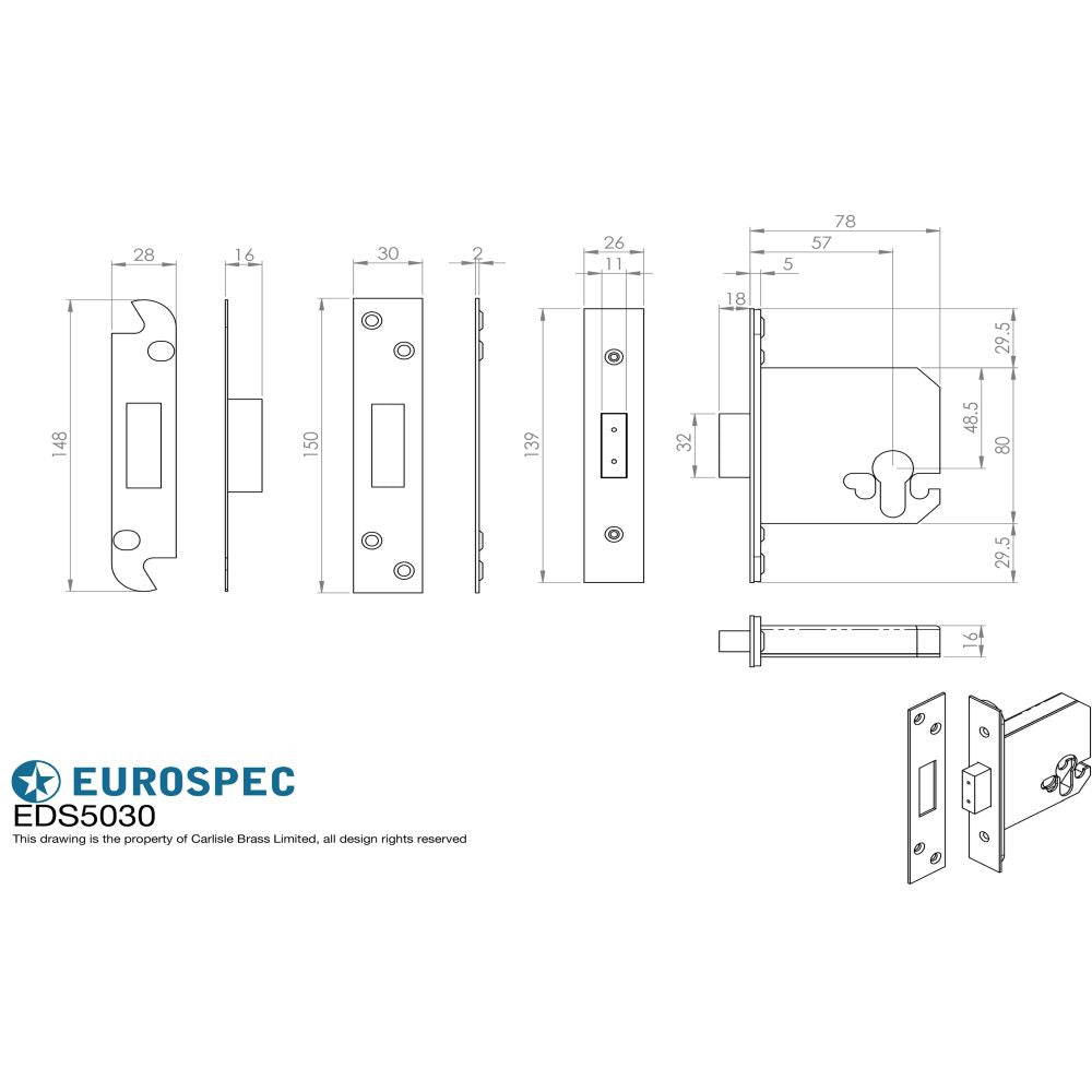 This image is a line drwaing of a Eurospec - Euro Profile Deadlock 76mm - Satin Stainless Steel available to order from Trade Door Handles in Kendal