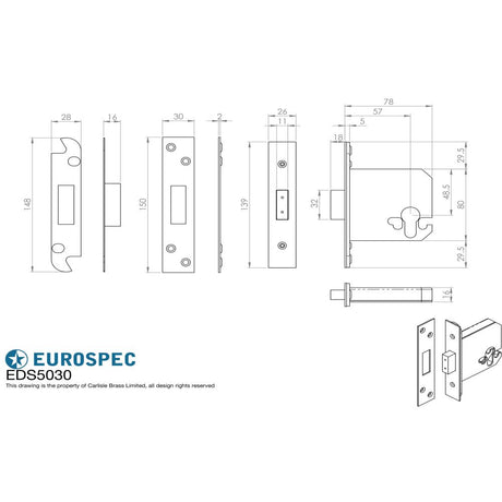 This image is a line drwaing of a Eurospec - Euro Profile Deadlock 76mm - Satin Stainless Steel available to order from Trade Door Handles in Kendal