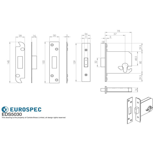 This image is a line drwaing of a Eurospec - Euro Profile Deadlock 76mm - Stainless Brass available to order from Trade Door Handles in Kendal