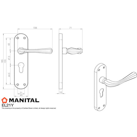 This image is a line drwaing of a Manital - Astro Lever on Euro Lock Backplate - Polished Brass available to order from Trade Door Handles in Kendal