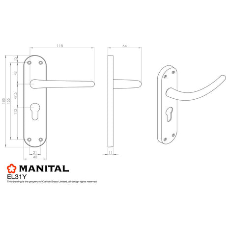 This image is a line drwaing of a Manital - Lilla Lever on Euro Lock Backplate - Polished Chrome available to order from Trade Door Handles in Kendal