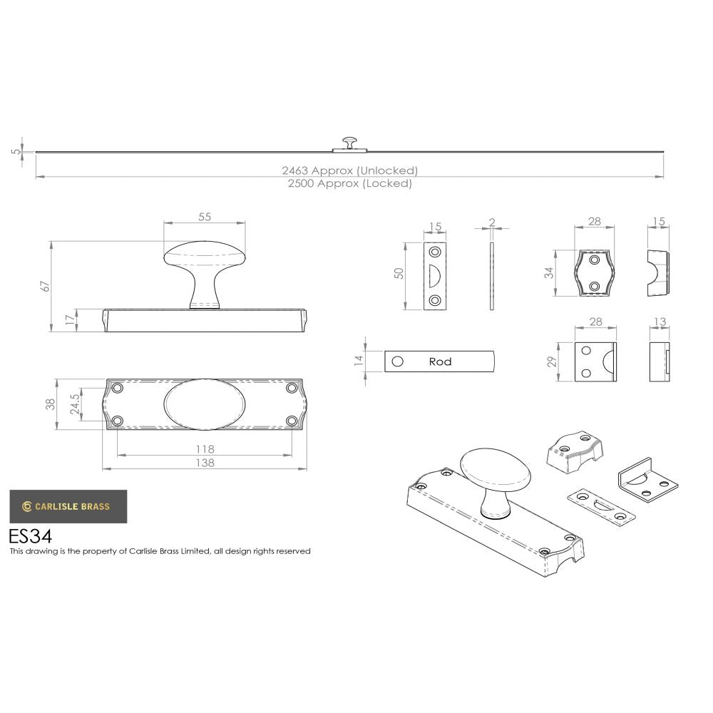 This image is a line drwaing of a Carlisle Brass - Espagnolette Bolt - Oval Knob Set - Polished Brass available to order from Trade Door Handles in Kendal