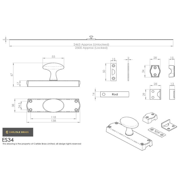 This image is a line drwaing of a Carlisle Brass - Espagnolette Bolt - Oval Knob Set - Satin Chrome available to order from Trade Door Handles in Kendal