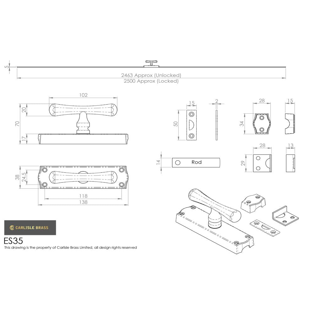 This image is a line drwaing of a Carlisle Brass - Espagnolette Bolt Tee Knob Set - Polished Brass available to order from Trade Door Handles in Kendal