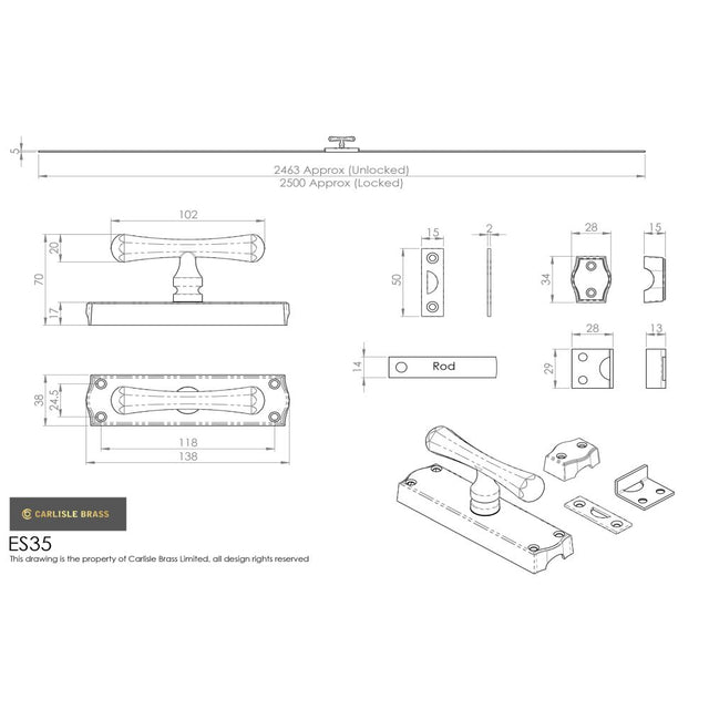 This image is a line drwaing of a Carlisle Brass - Espagnolette Bolt Tee Knob Set - Polished Brass available to order from Trade Door Handles in Kendal