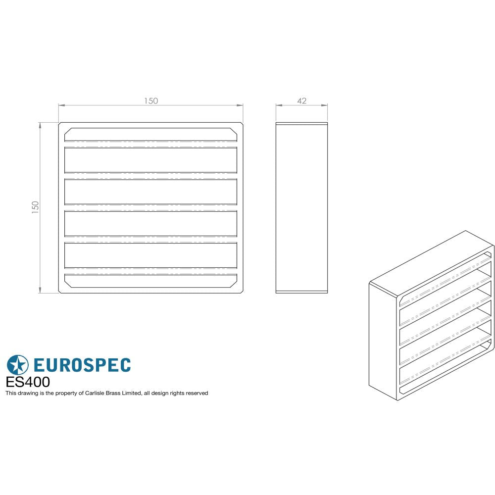 This image is a line drwaing of a Eurospec - Intumescent Air Transfer Vent Grille 150 x 150mm - Silver available to order from Trade Door Handles in Kendal