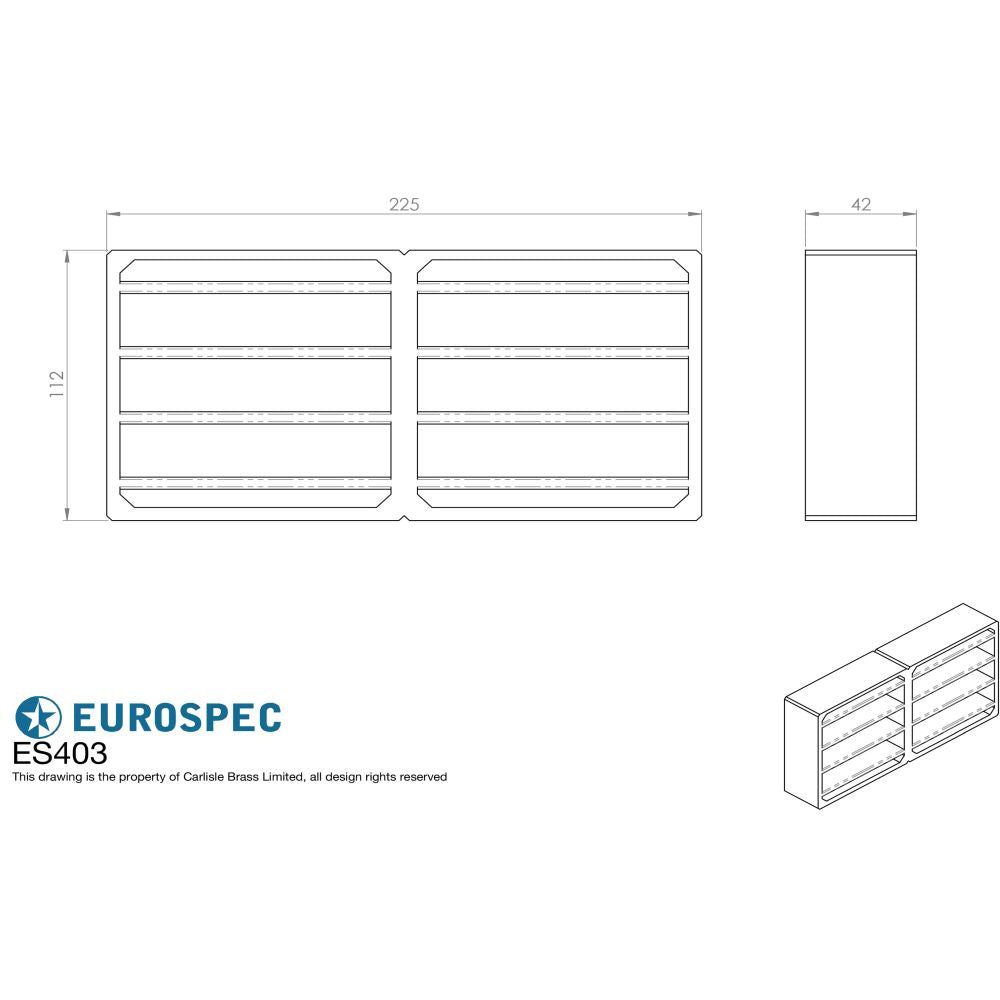 This image is a line drwaing of a Eurospec - Intumescent Air Transfer Vent Grille 112 x 225mm - Silver available to order from Trade Door Handles in Kendal