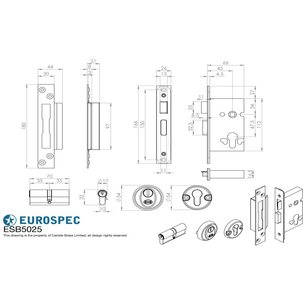 This image is a line drwaing of a Eurospec - Easi T Euro Profile BS Cylinder Sashlock 64mm - Satin Stainless Steel available to order from Trade Door Handles in Kendal