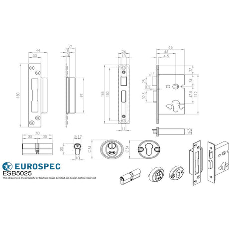 This image is a line drwaing of a Eurospec - Easi T Euro Profile BS Cylinder Sashlock 64mm - Satin Stainless Steel available to order from Trade Door Handles in Kendal