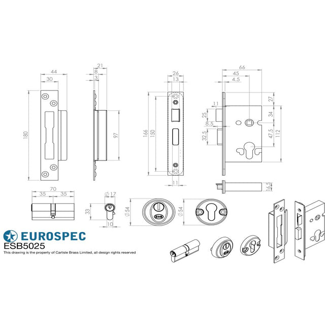 This image is a line drwaing of a Eurospec - Easi T Euro Profile BS Cylinder Sashlock 64mm - Satin Stainless Steel available to order from Trade Door Handles in Kendal