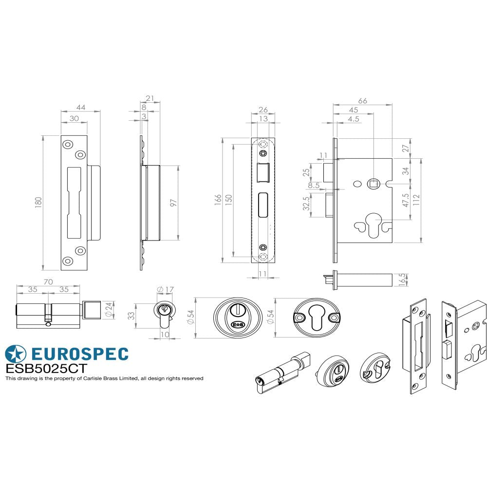 This image is a line drwaing of a Eurospec - Easi T Euro Profile BS Cylinder and Turn Sashlock 64mm - Satin Stainl available to order from Trade Door Handles in Kendal