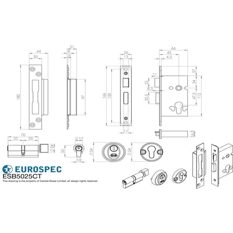 This image is a line drwaing of a Eurospec - Easi T Euro Profile BS Cylinder and Turn Sashlock 64mm - Satin Stainl available to order from Trade Door Handles in Kendal