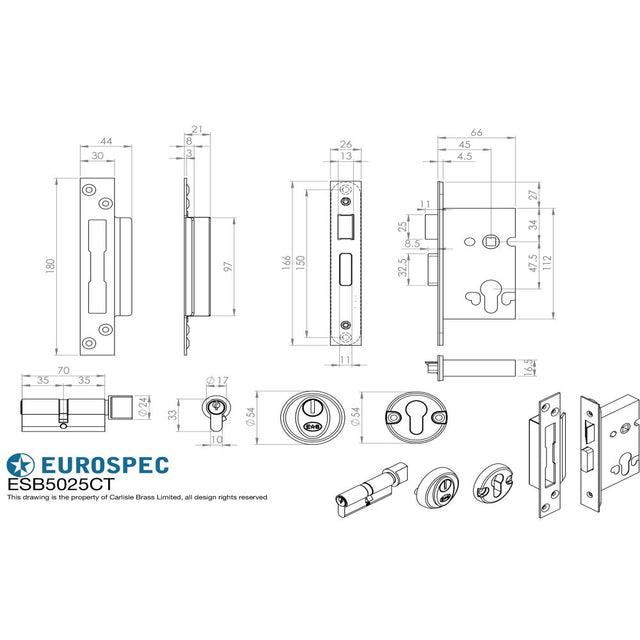 This image is a line drwaing of a Eurospec - Easi T Euro Profile BS Cylinder and Turn Sashlock 64mm - Satin Stainl available to order from Trade Door Handles in Kendal