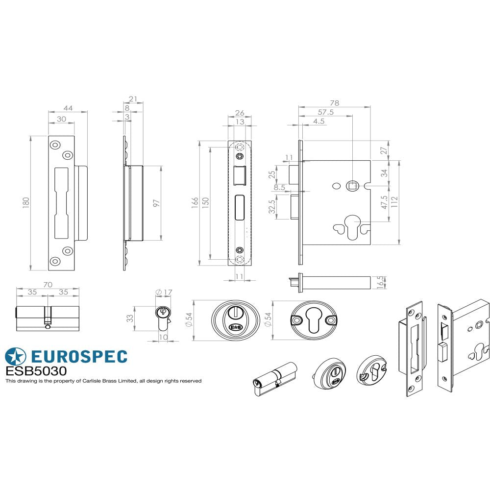 This image is a line drwaing of a Eurospec - Easi T Euro Profile BS Cylinder Sashlock 76mm - Satin Stainless Steel available to order from Trade Door Handles in Kendal